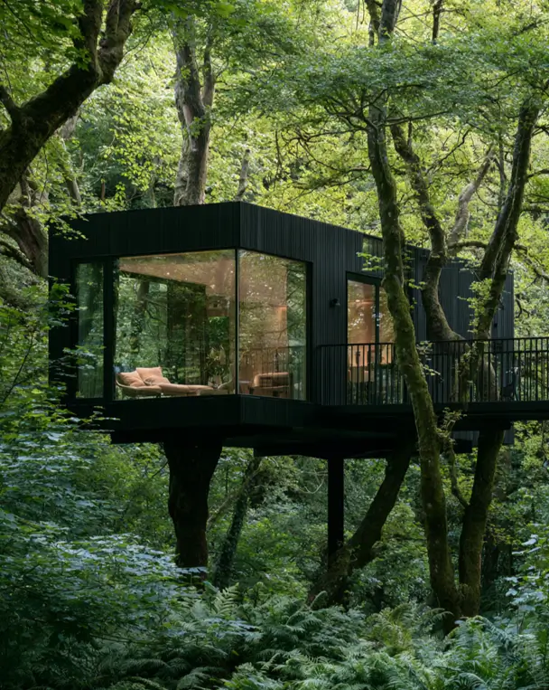 55 Treehouse Design Ideas, From Backyard Platforms to Canopy Cabins 8 Modern treehouse design ideas with black ribbed timber cladding, a glazed corner, and slim posts among mossy trees