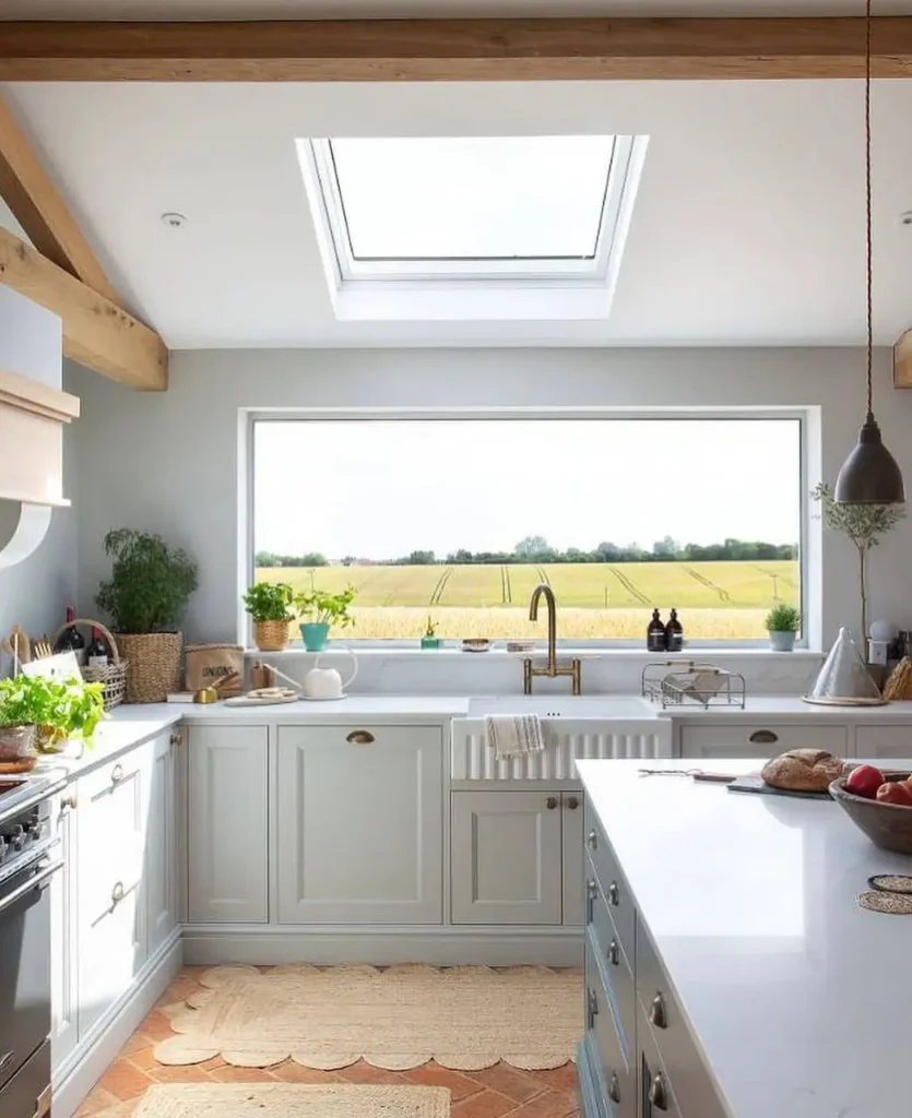 Farmhouse Kitchen Design Ideas: 36 Ways to Get the Look 8 Modern farmhouse kitchen with grey-green shaker cabinets, fluted apron sink, and a large picture window over the sink