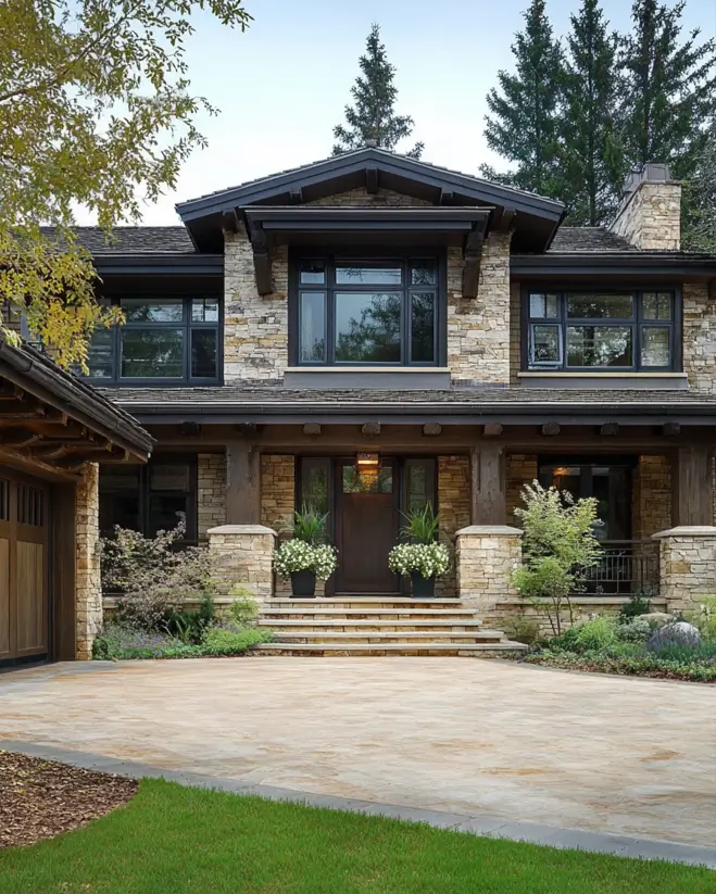 Prairie House Style: Key Features, History, and What Makes These Homes So Timeless 8 Stacked stone piers and banded windows on a Prairie style home with wide dark eaves
