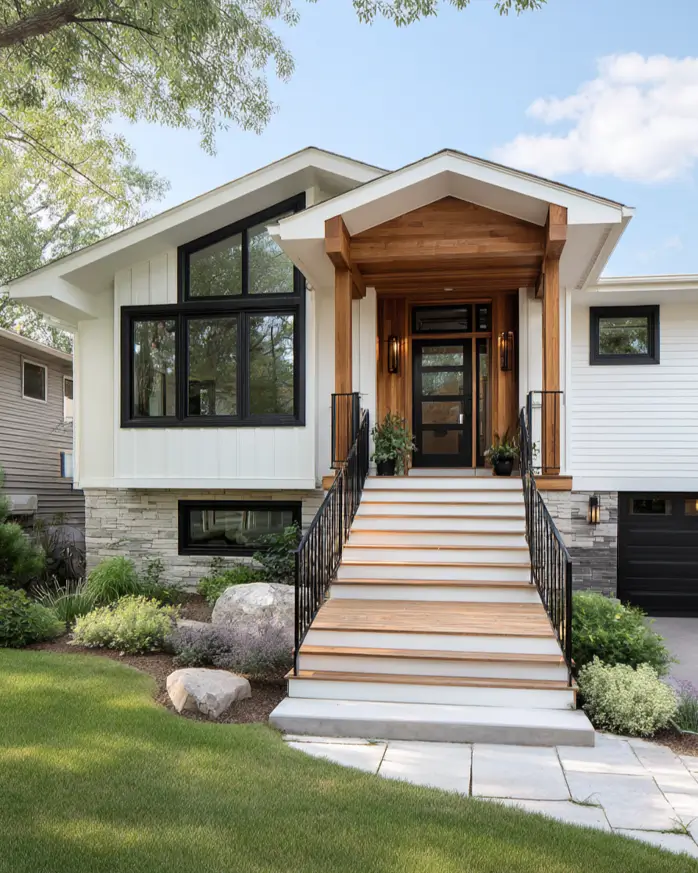 47 White Houses With Black Trim and Wood Accents We Love 8 Cedar stairs and timber portico on a split-level white house with black windows