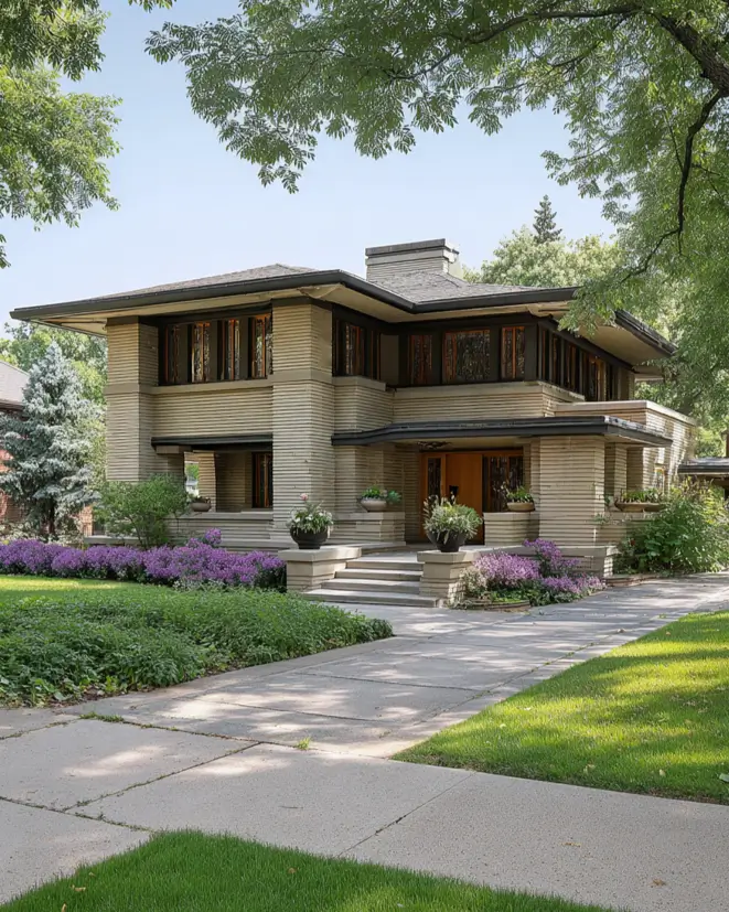 Prairie House Style: Key Features, History, and What Makes These Homes So Timeless 9 Classic Prairie house style exterior with raked brick coursing, hipped roof, and art glass windows