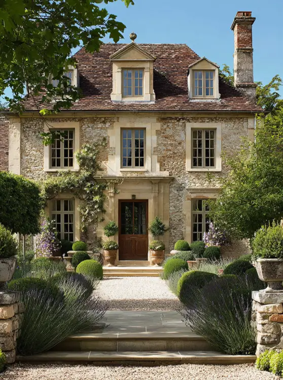 French Country House Style: An Architect's Guide to the Exterior Look 9 French Country House Style stone home with a lavender-lined gravel path and symmetrical facade