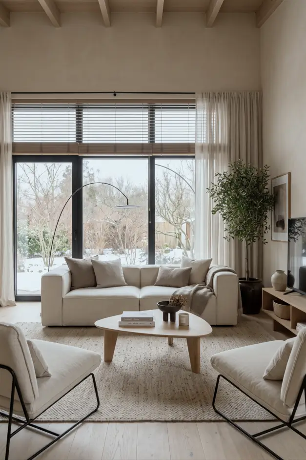 Japandi Style Living Room: Where Japanese Calm Meets Scandinavian Warmth 9 Bright Japandi living room with a linen sofa, ash coffee table, layered curtains, and large garden windows