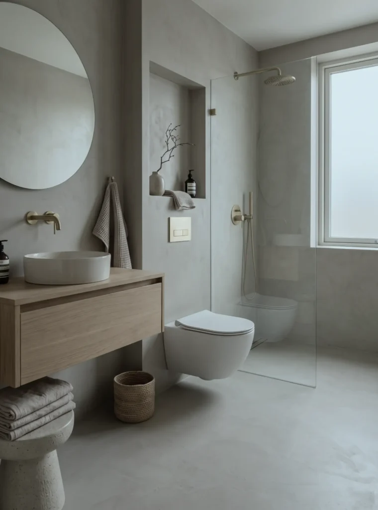 38 Japandi Style Bathroom Ideas for a Quietly Beautiful Space 9 Japandi style bathroom finished in seamless microcement with an oak floating vanity and brushed brass tapware