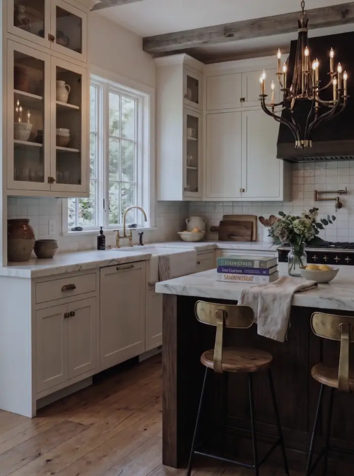Farmhouse Kitchen Design Ideas: 36 Ways to Get the Look 9 Farmhouse kitchen with a wrought-iron candle-style chandelier over a marble island, cream glass-front cabinets, and brass tap