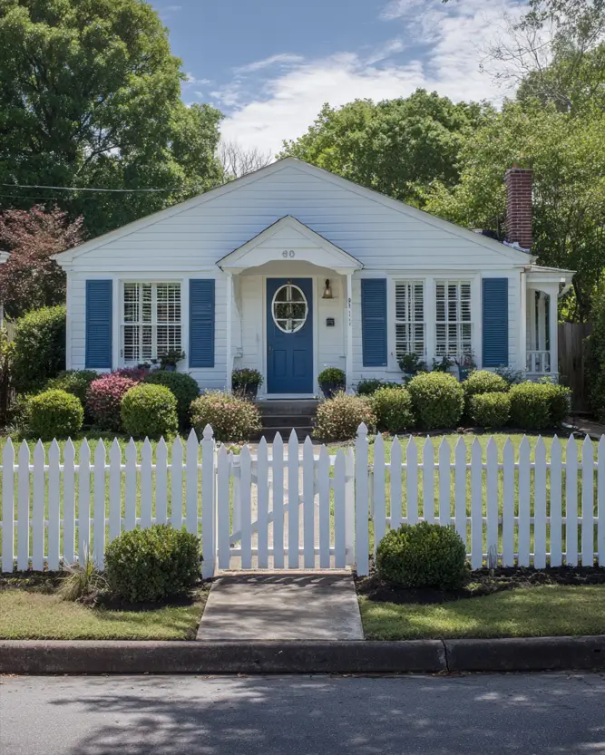33 Blue and White Cottage Ideas That Always Feel Fresh 9 white cottage with blue shutters, blue front door, oval door window, white lap siding, and a white picket fence