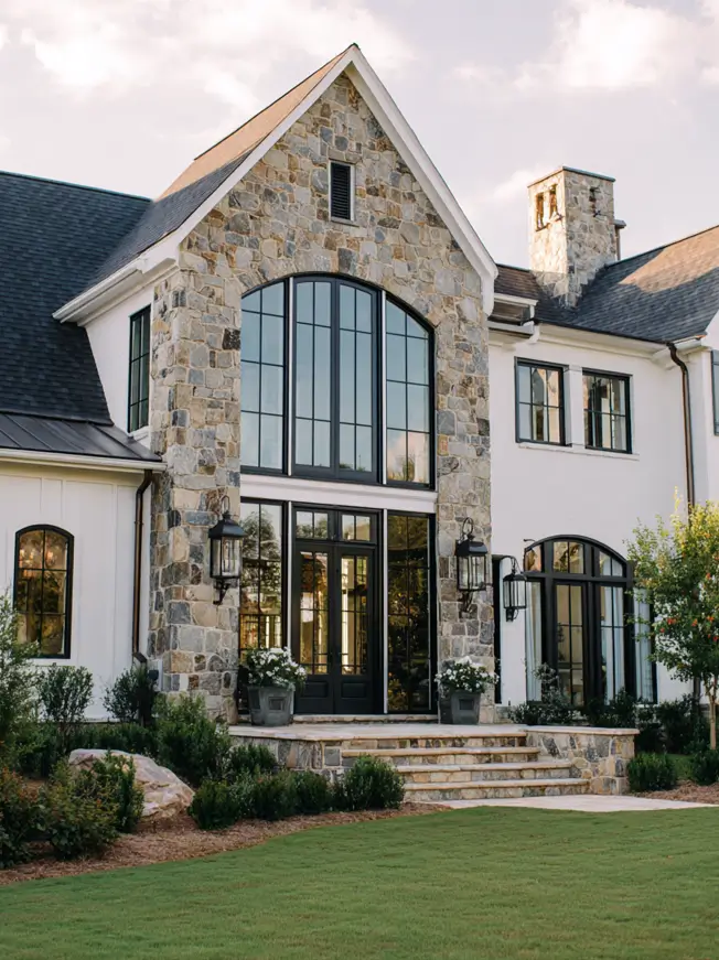 White Farmhouse with Stone Exterior: 29 Ideas That Feel Warm, Not Cold 9 Two-story arched window wall framed in stone between white painted brick farmhouse wings