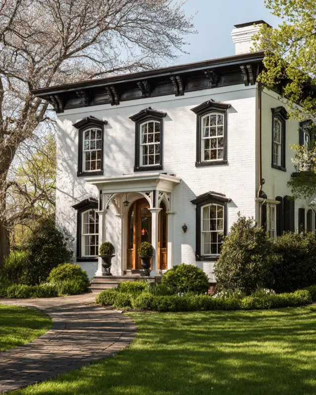 47 White Houses With Black Trim and Wood Accents We Love 9 Golden oak double doors under a black corbeled cornice on an Italianate white brick house
