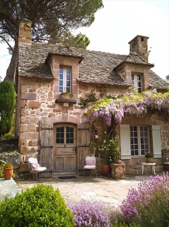 French Country House Style: An Architect's Guide to the Exterior Look 10 French Country cottage with an aged stone tile roof, rose stone walls, and cascading wisteria