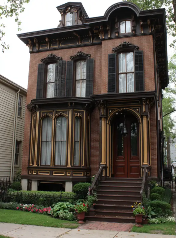 Italianate Style House: 33 Ideas and the Details That Give One Away 10 Red brick Italianate style house with gilded dark brown trim, deep eave brackets and a two-story bay