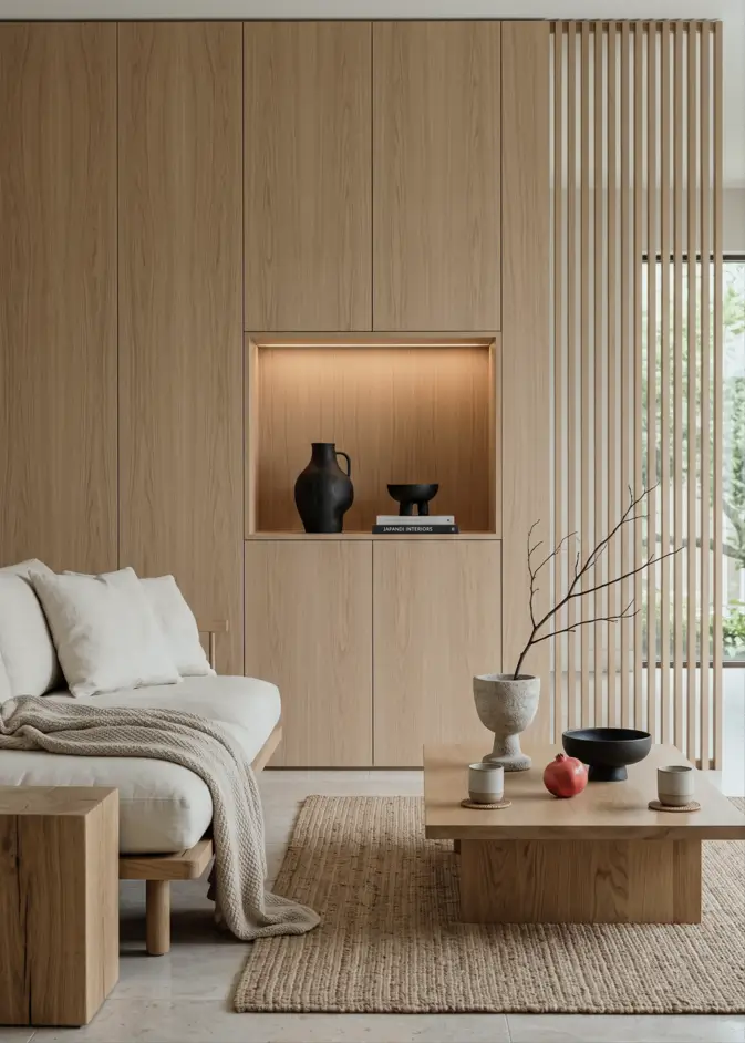 Japandi Style Living Room: Where Japanese Calm Meets Scandinavian Warmth 10 Japandi living room with oak built-in joinery, a lit display niche, wood slat partition, and linen sofa