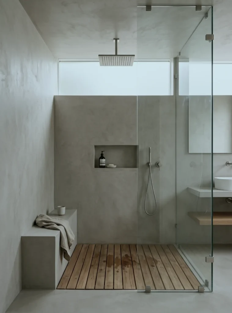 38 Japandi Style Bathroom Ideas for a Quietly Beautiful Space 10 Japandi style bathroom shower with a teak duckboard floor, microcement walls, and a built-in bench