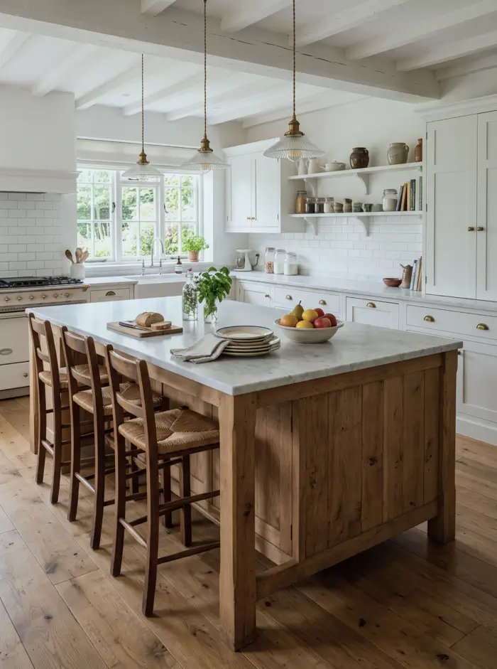 Farmhouse Kitchen Design Ideas: 36 Ways to Get the Look 10 English country farmhouse kitchen with a large reclaimed oak island, marble top, cream cabinets, and brass pendant lights