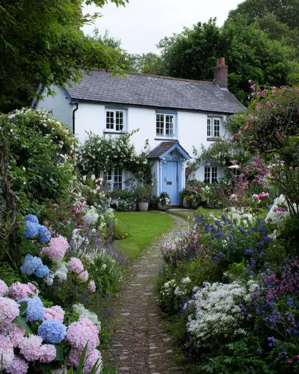 33 Blue and White Cottage Ideas That Always Feel Fresh 10 white and blue cottage exterior with whitewashed walls, soft blue front door, blue window trim, and a hydrangea-filled cottage garden