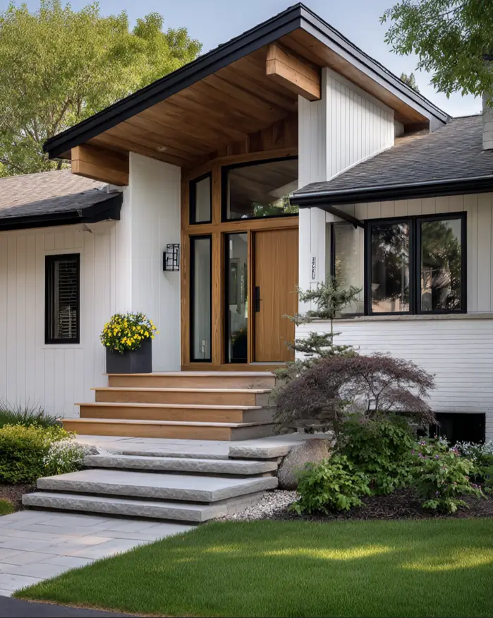 47 White Houses With Black Trim and Wood Accents We Love 10 Quarter-sawn oak entry wall with glass transoms on a remodeled white ranch house