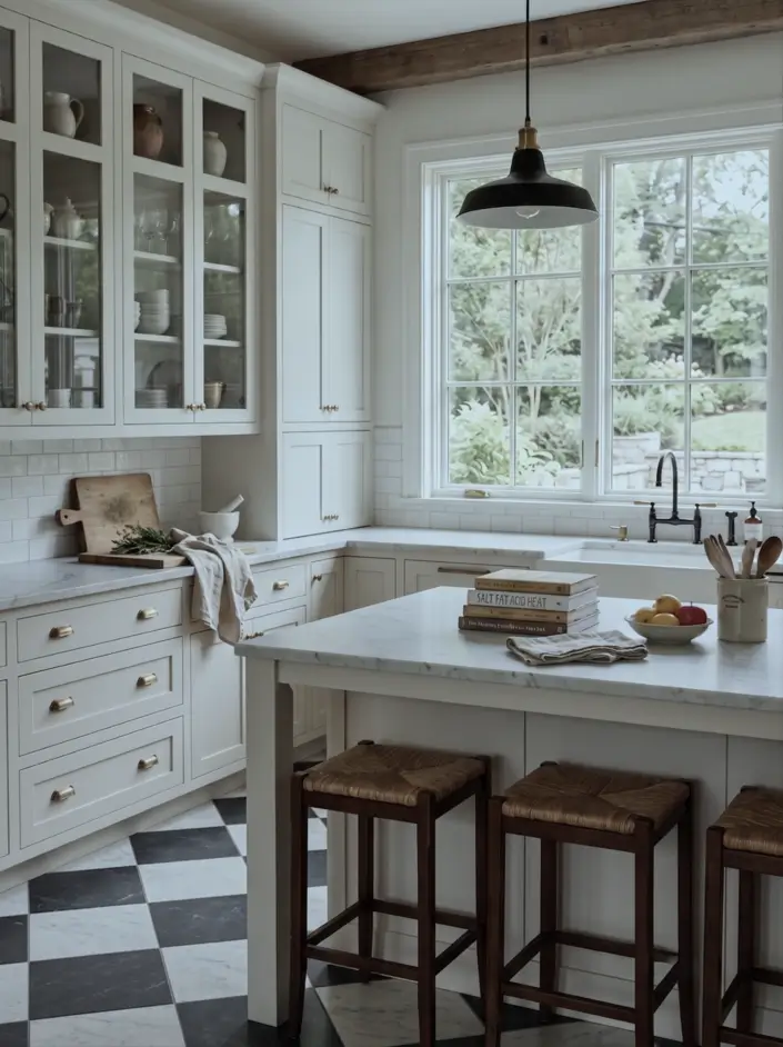 Farmhouse Kitchen Design Ideas: 36 Ways to Get the Look 11 Cream farmhouse kitchen with a black-and-white checkerboard tile floor, glass-front cabinets, marble island, and brass hardware