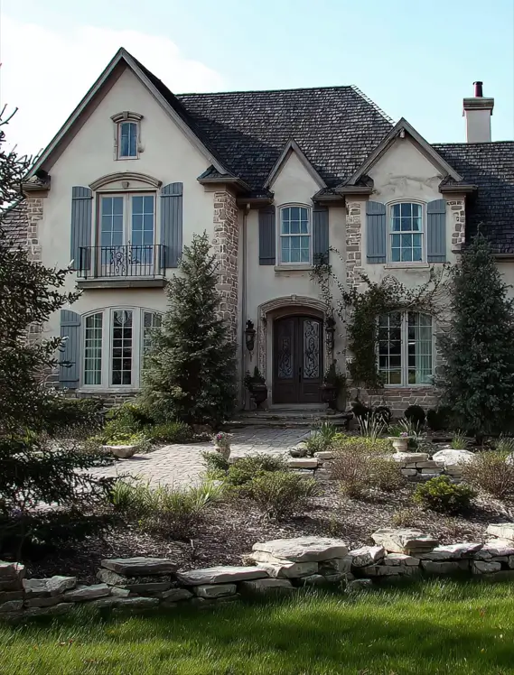 French Country House Style: An Architect's Guide to the Exterior Look 11 French Country House Design with mixed stucco and stone facade, gray-blue shutters, and an arched iron door