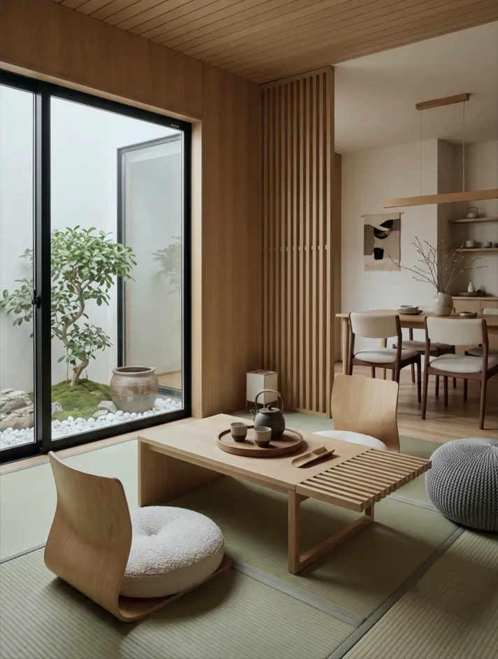 Japandi Style Living Room: Where Japanese Calm Meets Scandinavian Warmth 11 Japandi tatami room with legless floor chairs, a low oak tea table, and a courtyard bonsai garden