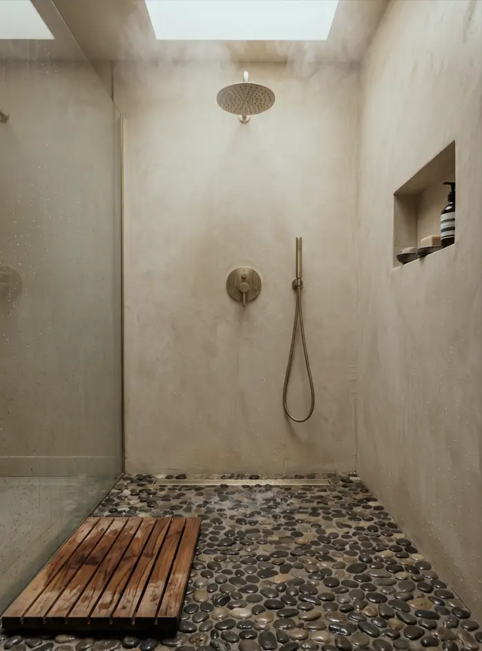 38 Japandi Style Bathroom Ideas for a Quietly Beautiful Space 11 Japandi style bathroom shower with a black pebble floor, teak duckboard, and microcement walls under a skylight
