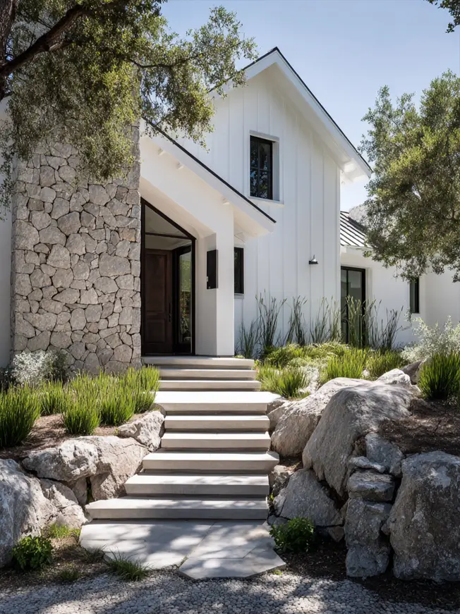 White Farmhouse with Stone Exterior: 29 Ideas That Feel Warm, Not Cold 11 Sculptural granite stone pylon beside the entry of a minimalist white farmhouse