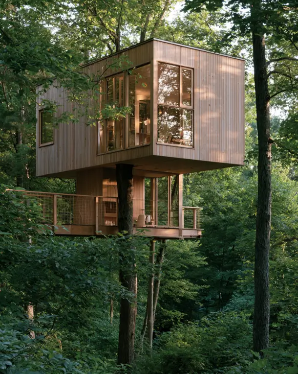 55 Treehouse Design Ideas, From Backyard Platforms to Canopy Cabins 11 Modern treehouse design ideas with a pale timber upper volume cantilevered over a lower deck and mesh railing