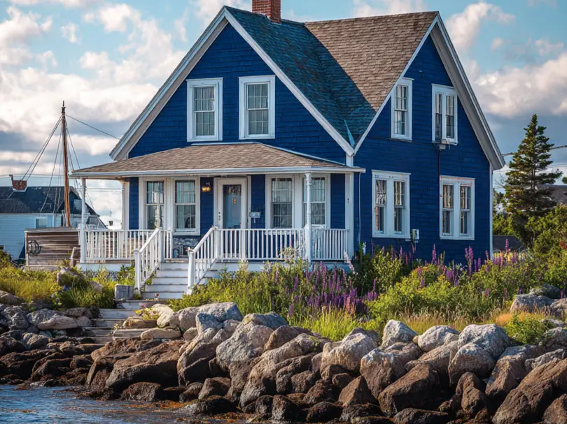 33 Blue and White Cottage Ideas That Always Feel Fresh 2 blue and white cottage exterior with deep navy shingle siding, white covered porch, white trim, and a rocky coastal shoreline