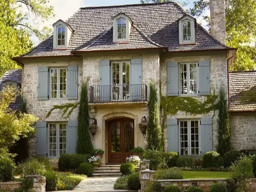 French Country House Style: An Architect's Guide to the Exterior Look 2 French Country House Style stone home with blue louvered shutters, arched wood door, iron balcony, and a steep dormered roof