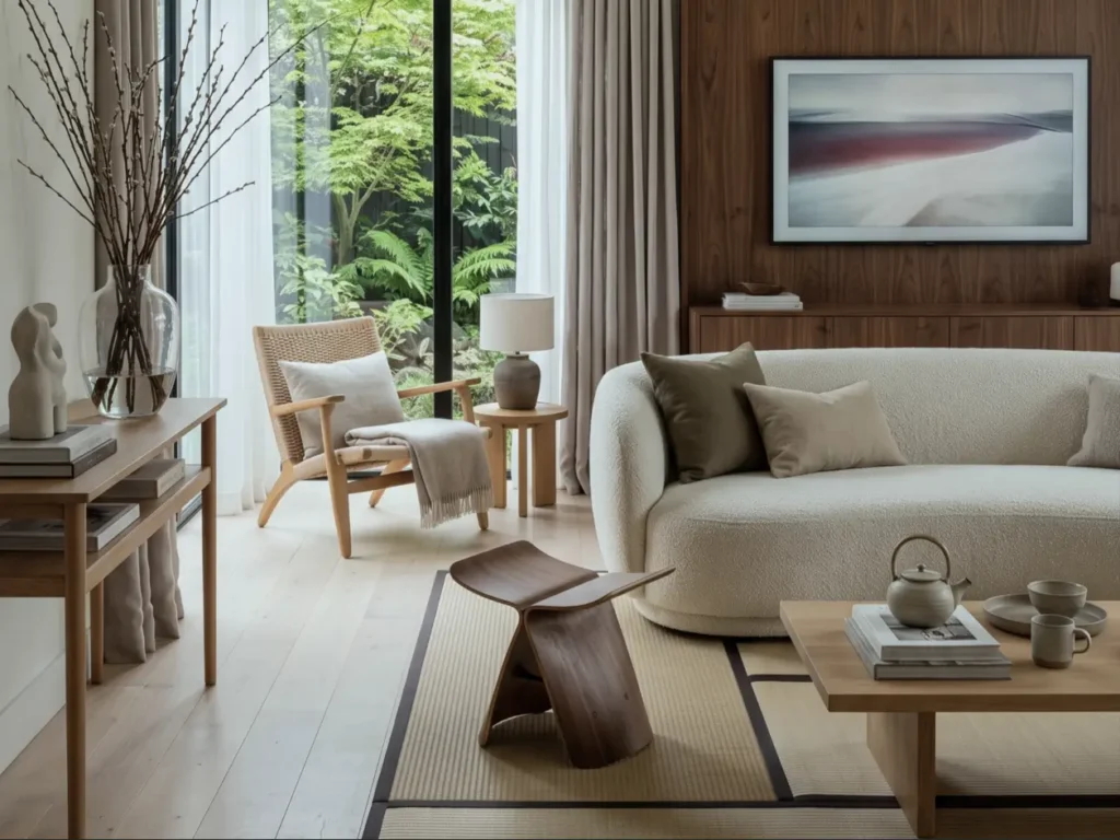Japandi Style Living Room: Where Japanese Calm Meets Scandinavian Warmth 87 Japandi style living room with a curved bouclé sofa, walnut TV wall, woven lounge chair, and butterfly stool