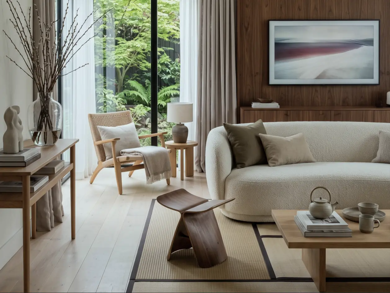 Japandi Style Living Room: Where Japanese Calm Meets Scandinavian Warmth 2 Japandi style living room with a curved bouclé sofa, walnut TV wall, woven lounge chair, and butterfly stool