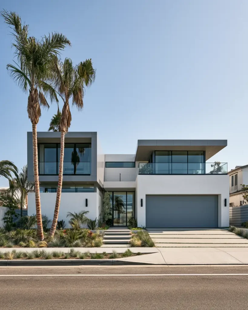 Modern Grey and White House Exterior: 30 Two-Tone Ideas 3 Modern grey and white house exterior with white stucco walls, grey garage door, flat roof, and palm trees in a coastal setting