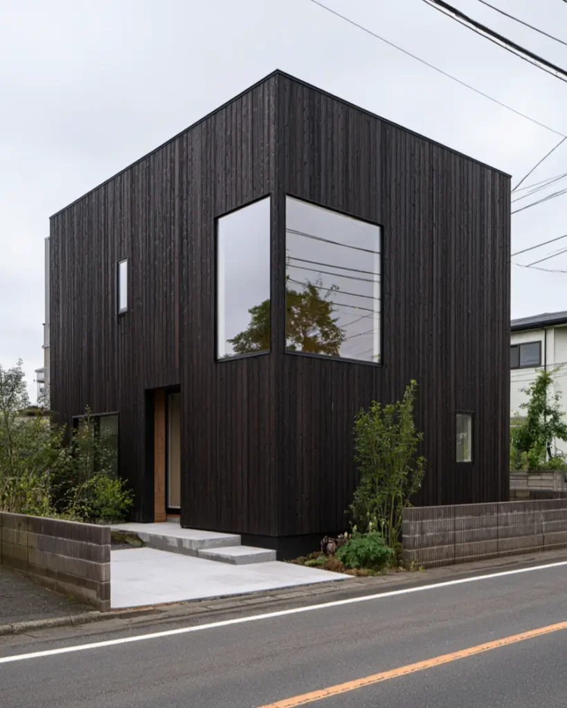Modern Japanese House Design: 58 Ideas, Costs, and What Defines the Style 3 Charred black cedar cladding wraps a two-storey cube with one large square corner window.