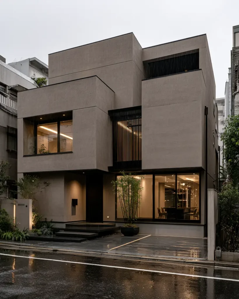 Taupe House With Black Trim: 28 Ideas + Best Paint Colors 3 Taupe house with black trim on a modern greige home with stacked plaster volumes and black-framed windows