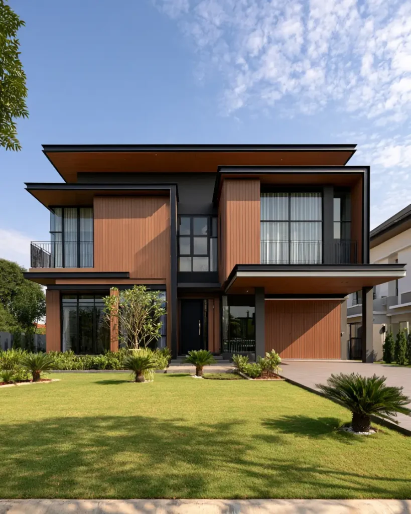37 Brown House with Black Trim Ideas for a Warm, Modern Exterior 12 Modern brown house with black trim, warm wood panels against charcoal walls with wide dark eaves and black windows