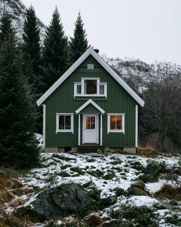Hillside House Design: 38 Ideas for Building With the Slope 12 green board-and-batten cabin with white trim at the base of a snowy mountainside