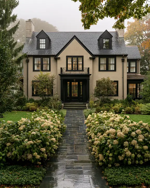 Taupe House With Black Trim: 28 Ideas + Best Paint Colors 12 Taupe house with black trim on a symmetrical greige stucco Colonial with charcoal windows in fog