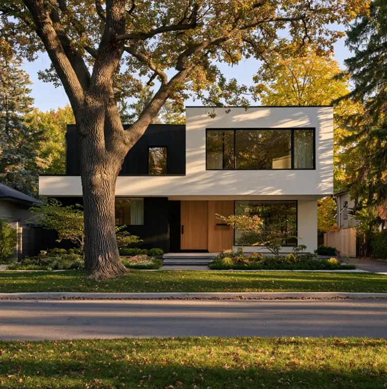46 Modern Black and White House Exterior Ideas for a Timeless Look 12 Interlocking black siding and white stucco blocks on a flat-roofed modern home