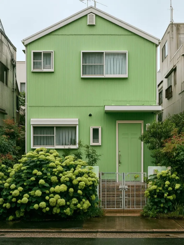 43 Green House With White Trim Ideas for Fresh Curb Appeal 12 mint green house with white trim, white window frames, and blooming hydrangeas on a two-story Japanese home