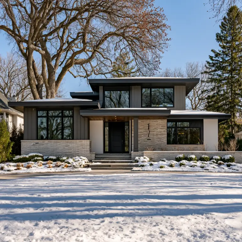 Modern Grey and White House Exterior: 30 Two-Tone Ideas 12 Modern grey and white house exterior with dark grey siding, pale brick base, white trim, black windows, and snow on the ground