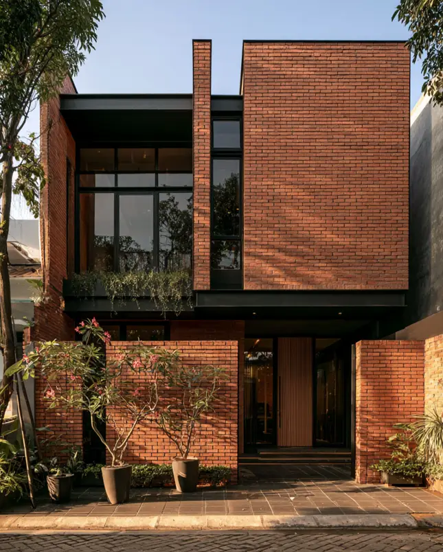 46 Red Brick House With Black Trim Ideas for Standout Curb Appeal 12 Modern red brick house with black trim and offset stepped brick volumes