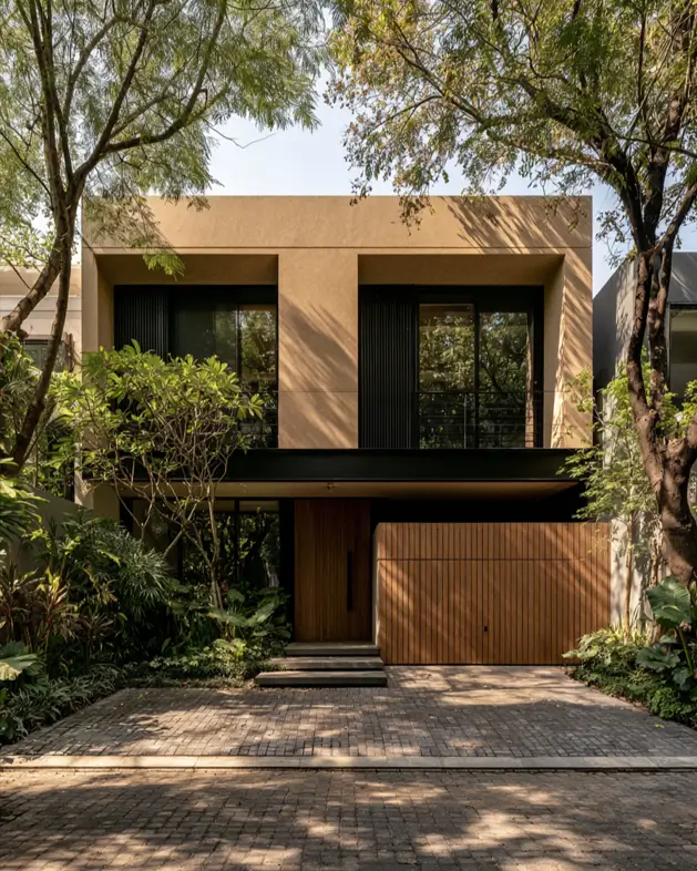 40 Tan House With Black Trim Exteriors Worth Copying 12 Cubic modern tan and black house with earthy tan stucco, black steel window frames, and a wood door