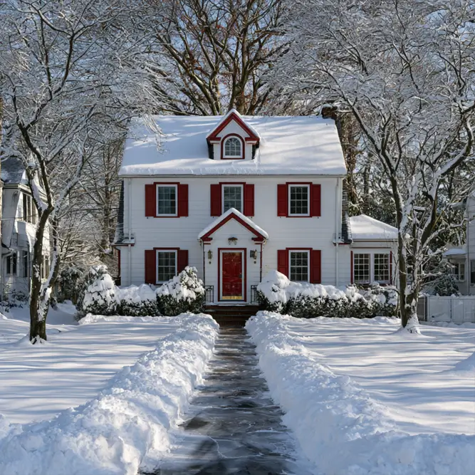 White House with Red Trim: 27 Ideas and How to Pick Your Red 12 White house with red trim and red shutters on a classic Colonial with a red door in fresh snow