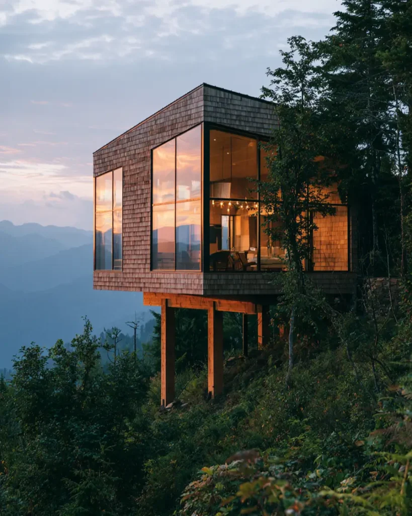 Hillside House Design: 38 Ideas for Building With the Slope 13 cedar-shingled hillside house on tall stilts cantilevered over a wooded ridge at sunset