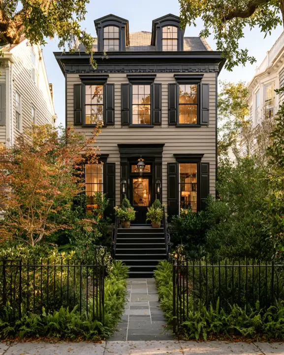Taupe House With Black Trim: 28 Ideas + Best Paint Colors 13 Taupe house with black trim on a greige clapboard Second Empire townhouse with mansard dormers and shutters