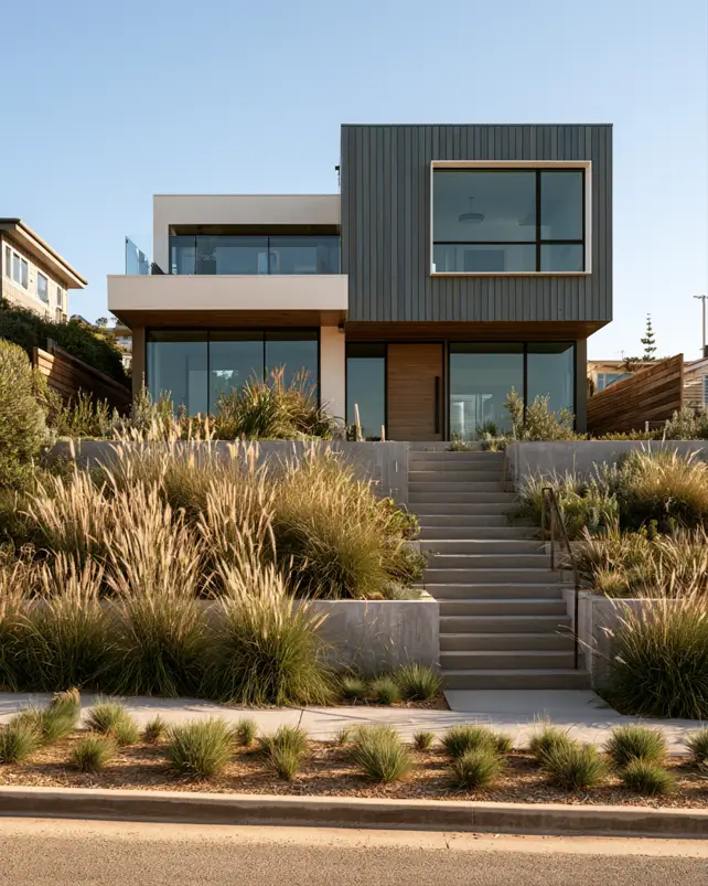 Modern Grey and White House Exterior: 30 Two-Tone Ideas 13 Modern grey and white house exterior with charcoal clad upper box, white lower storey, wood entry accents, and grasses on a hillside