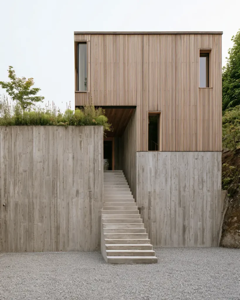 Modern Japanese House Design: 58 Ideas, Costs, and What Defines the Style 13 A concrete stair rising between walls to an entrance below a timber batten upper volume.