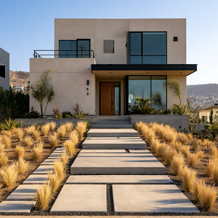 40 Tan House With Black Trim Exteriors Worth Copying 13 Tan house with black trim on a hillside modern home, with greige-tan stucco and ornamental grasses