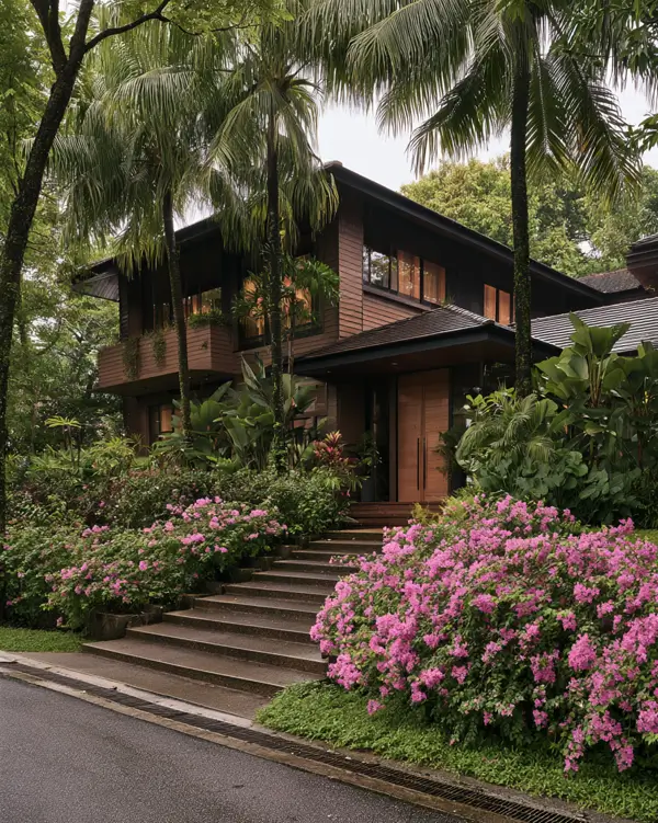 37 Brown House with Black Trim Ideas for a Warm, Modern Exterior 14 Warm brown wood two-story home with dark window frames and shadowed eaves among palms and bougainvillea