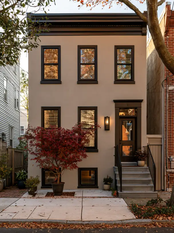 Taupe House With Black Trim: 28 Ideas + Best Paint Colors 14 Taupe house with black trim on a greige Italianate rowhouse with dark windows and a bracketed cornice