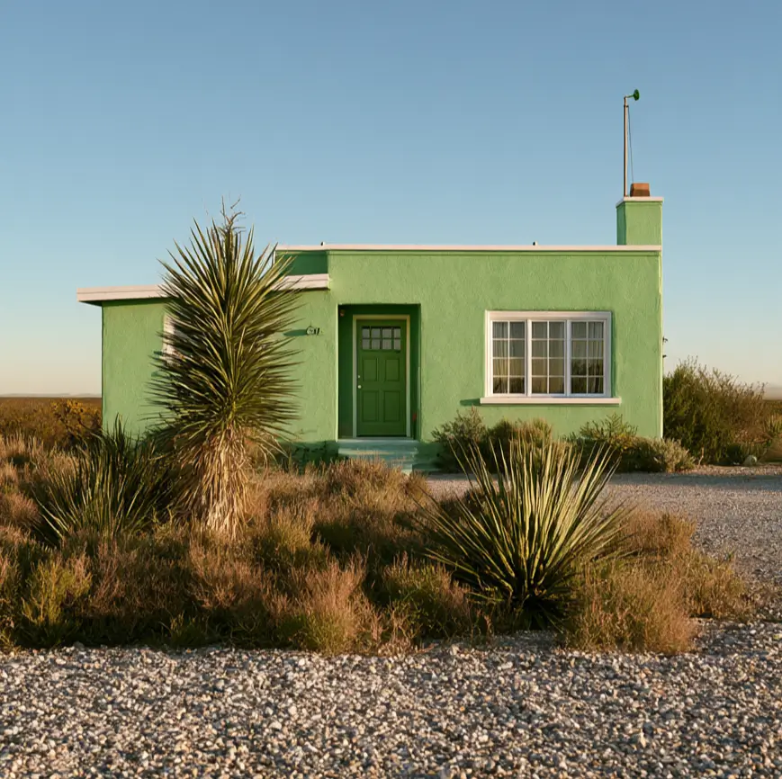 43 Green House With White Trim Ideas for Fresh Curb Appeal 14 mint green house with white trim and a white window frame on a flat-roofed midcentury desert bungalow