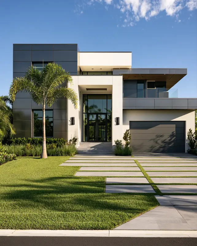 Modern Grey and White House Exterior: 30 Two-Tone Ideas 14 Modern grey and white house exterior with dark grey panelled volume, white stucco entry tower, flat roof, grey garage, and palm tree